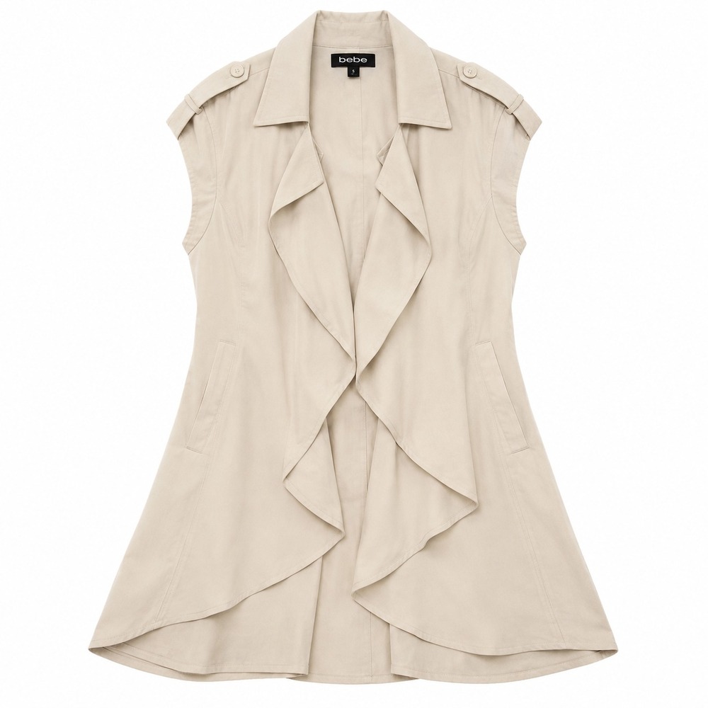 Bebe Sleeveless Jacket Vest Womens Small Beige Open Front Layering Piece Duster